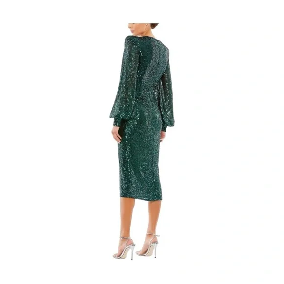 Mac Duggal 26866 Sequined Structured Bishop Sleeve Midi DressTeal Size 4 NWT - Picture 12 of 14